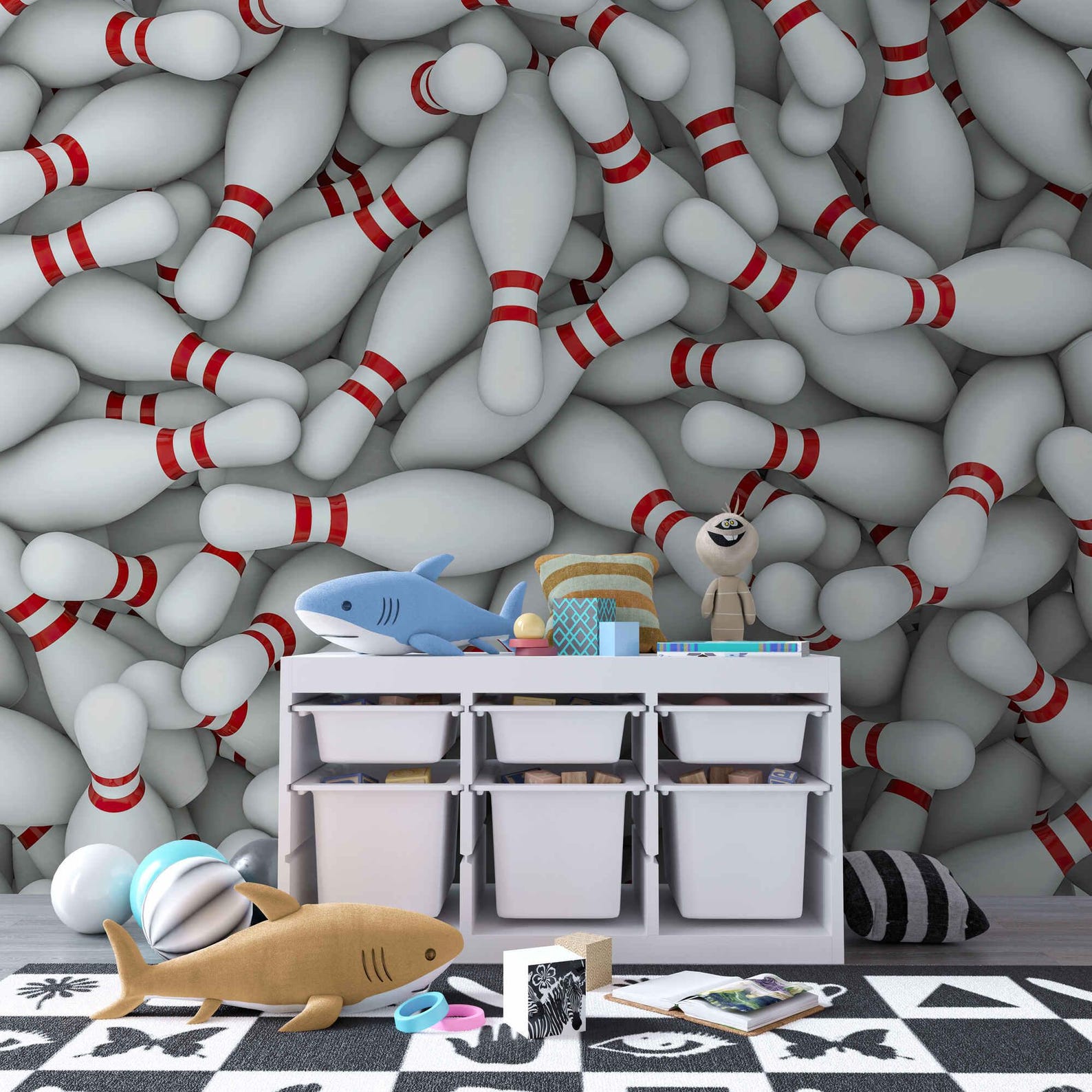 3D Bowling Pins Wallpaper Mural, Sporty Game Room Wall Decor for ...