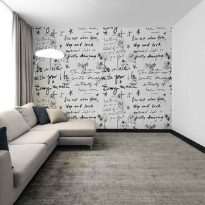 Black White wall mural, Handwriting slogans wallpaper mural, Fashion icons mural, Urban art wallpaper, Graffiti style decor for Bedroom