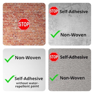 Puede incluir: Un gr&aacute;fico de cuatro paneles que muestra la compatibilidad de superficies de pared. Arriba a la izquierda: se&ntilde;al de stop roja sobre ladrillo. Arriba a la derecha: se&ntilde;al de stop con Self-Adhesive, marca de verificaci&oacute;n con Non-Woven. Abajo a la izquierda: marca de verificaci&oacute;n con Non-Woven y Self-Adhesive sin pintura repelente al agua. Abajo a la derecha: se&ntilde;al de stop con Self-Adhesive, marca de verificaci&oacute;n con Non-Woven.