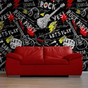 Rock and Roll Theme with Guitars Wallpaper Peel and Stick or Textured Wall paper, Graffiti Wall Mural, Rock Music Wallpaper Mural