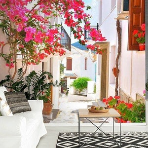 Bougainvillea Mediterranean Street Wall Mural – Peel and Stick White Village Wallpaper for Kitchen & Dining Street View with Flowers
