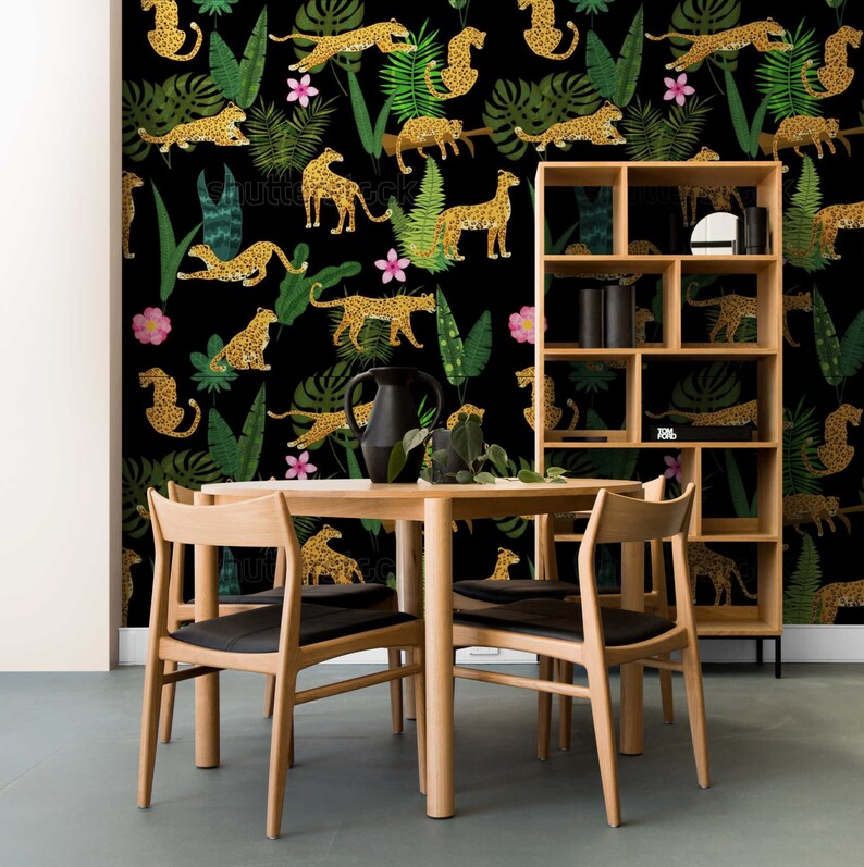 Dark Botanic Wallpaper Cheetahs Animals Tropical Print Etsy
