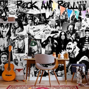 Rock Star Aesthetic Wallpaper - Rock and Roll Collage Wall Art, Dark Aesthetic Peel and Stick Mural or Classic Vintage Wallpaper Wall Design