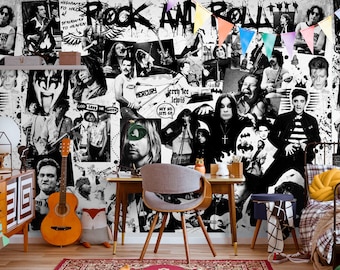 May include: A black and white rock and roll themed wall mural featuring a collage of various musicians and bands, including Elvis Presley and Freddie Mercury, with the text "ROCK AND ROLL" at the top and colorful triangular bunting hanging above.
