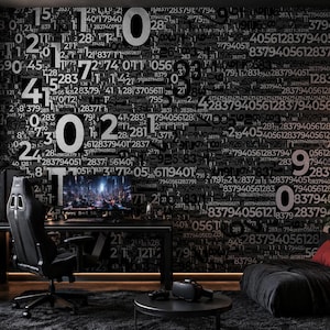 May include: A wall mural featuring a dense, overlapping pattern of white numbers in various sizes against a black background. The design covers the entire wall surface, creating a high-contrast, numerical graphic display for a room interior.