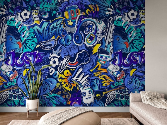Blue Graffiti Peel and Stick Wallpaper for Kids Bedroom Wall