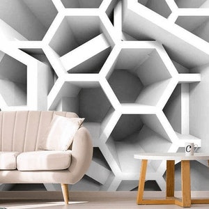 3D Geometric Honeycomb Wall Mural - Peel and Stick Hexagon Wallpaper, Modern White 3D Effect Wall Art, Self-Adhesive Vinyl Wallpaper Bedroom