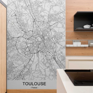Toulouse City Map Wallpaper Peel and Stick or Non-Woven for Office Wall Covering, Modern Living Room, City Map Wall Mural Black and White
