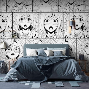 Anime Pattern Wallpapers - Traditional or Peel and Stick Wallpaper for Game Room Decor Black & White Anime Style Wall Art for Teenagers Room