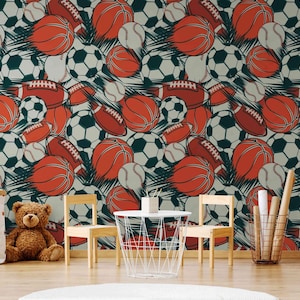 Sporty Balls Wallpaper Peel and Stick Wallpapers, Boys Bedroom Decor Ideas, Sport Lover Wall Art, Custom Wall Murals for Teenagers Game room