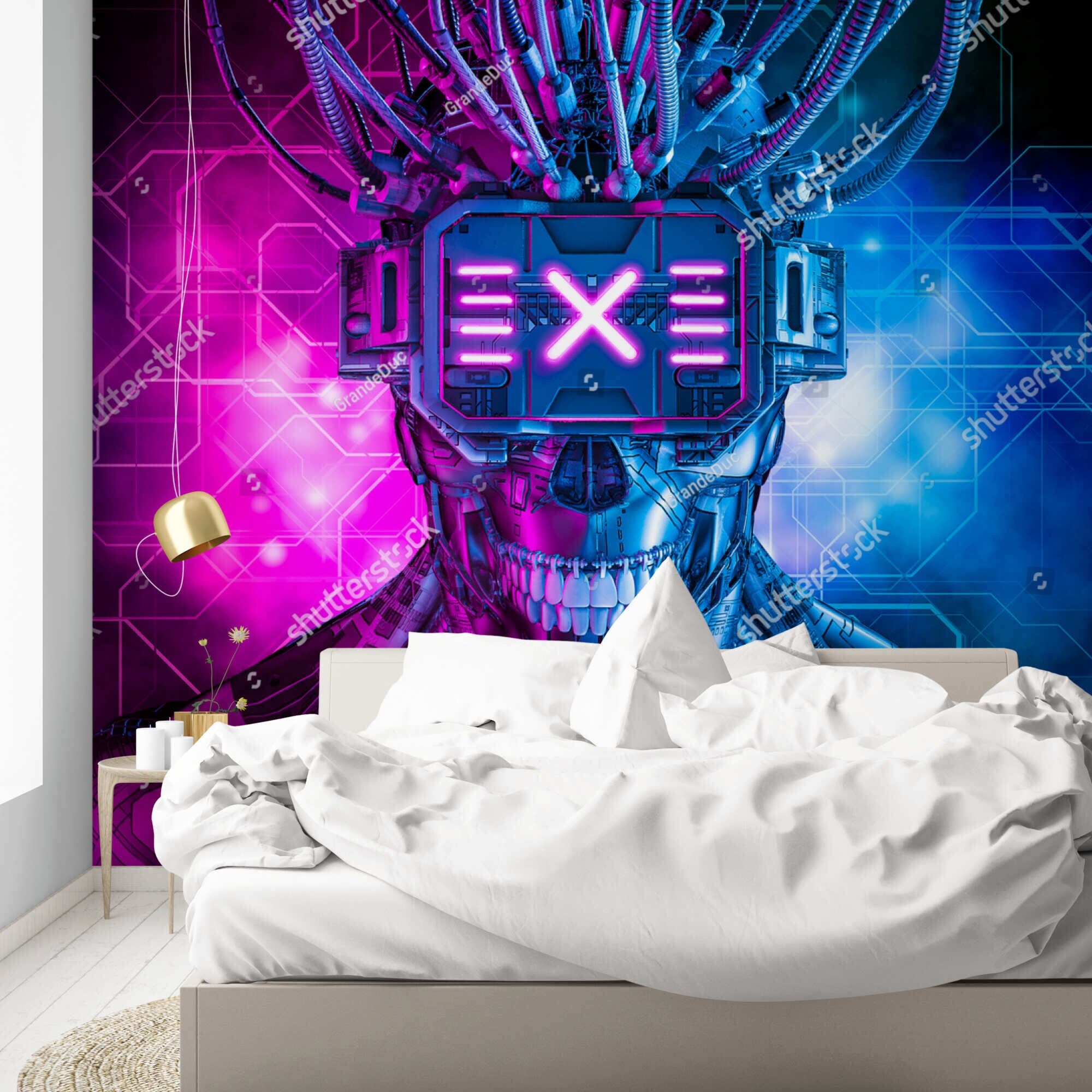 Cyberpunk Wall Mural Graffiti Wallpaper Colorful Skull Robot Etsy