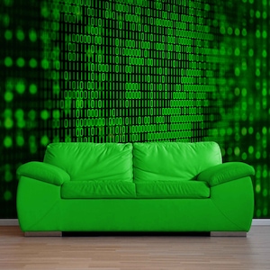 May include: A bright green leather sofa sits in front of a wall with a green and black binary code pattern.