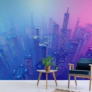 Cyberpunk City Wall paper, Graffiti Wallpaper Neon Metaverse City Wall Mural Self-Adhesive wallpaper Vinyl Bedroom Kids Teenagers Wall mural
