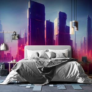 Cyberpunk City Wallpaper – Peel and stick Vinyl Art Wall Covering, Cool Game Room Decor, Self Adhesive Wallpaper Mural or Textured Fabric