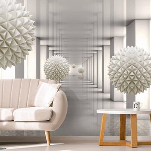 3D Bedroom Wallpaper - White Corridor Room Wall Mural, Long 3D Photo Wallpaper Peel and Stick Mural, Geometric 3d Wall Paper Art