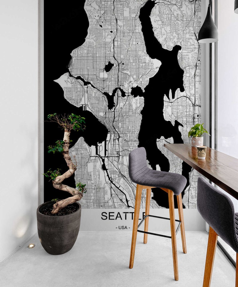 SEATTLE City Map Wallpaper, Modern Wall Art, Map Wall Mural Peel and ...