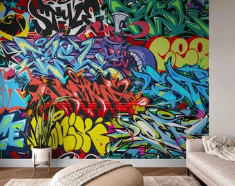 Mural de parede com grafite – Arte urbana colorida, papel de parede autoadesivo.