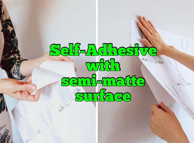 May include: A white self-adhesive wall decal featuring a repeating pattern of light gray rabbits in grass, with a semi-matte surface finish. The product is shown being peeled from its backing and applied to a wall, displaying the text Self-Adhesive with semi-matte surface.