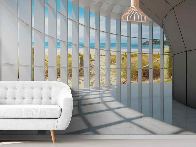 3D window wall mural with ocean beach view and summer sunlight