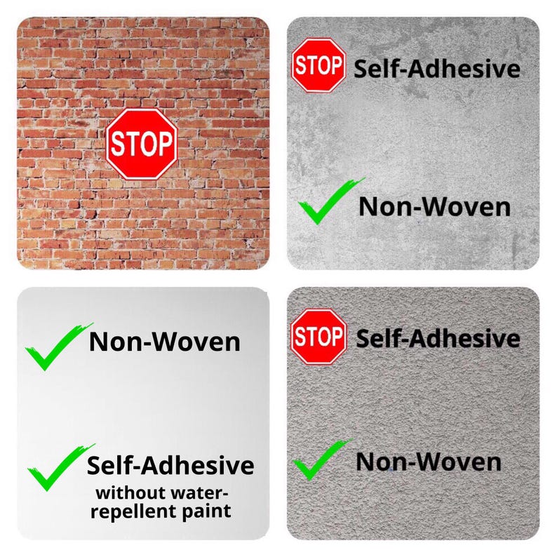 May include: A four-part image showing product details. One image features a brick wall with a red "STOP" sign. The other three show the text "STOP Self-Adhesive", "Non-Woven", and "Self-Adhesive without water-repellent paint".