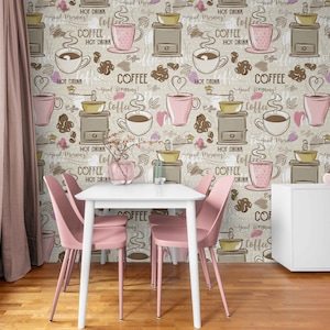 Coffee Setcup Wallpaper |  Kitchen Wallpaper Decor | Cup and Heart Design | Coffee Lover Wall Art | Beige Wall Decoration Cozy Kitchen Mural