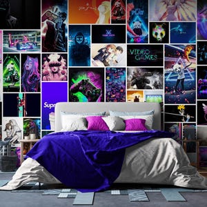 Cool Gaming Wallpaper - Collage, Vinyl Peel and Stick or Non-Woven Wallpapers for Game room or Bedroom, Video Game Neon Wallpaper Mural
