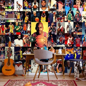 Basketball Legends Collage Mural Wallpaper- Sports wall decor for kids Wall paper, Peel & stick basketball wallpaper NBA players wall art