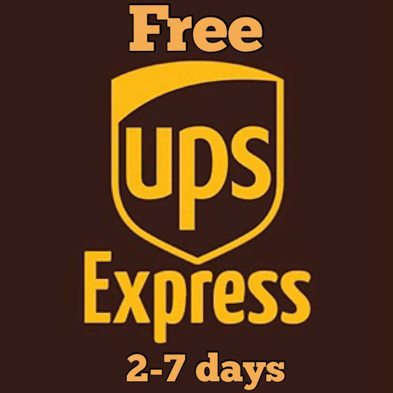 May include: A dark brown graphic featuring the yellow UPS shield logo in the center. The text Free is positioned above the shield, while the word Express is below it. At the bottom, the text 2-7 days is displayed in a bold yellow font.