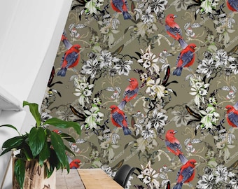 Floral Bedroom Wallpaper Birds on Leaves, Botanic Art Wall Covaring Premium Pre pasting Wallpaper, Peel and Stick Botanical Wall Mura