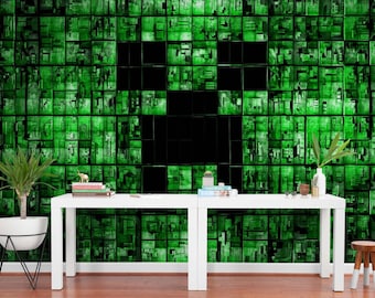 Green Pixel Art Wallpaper Peel and Stick Gaming Room Wall Decal