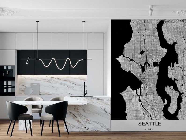 SEATTLE City Map Wallpaper, Modern Wall Art, Map Wall Mural Peel and ...