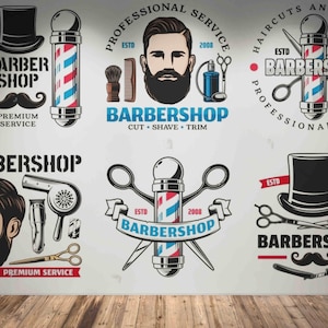 Barbershop Wallpaper Mural for Walls – Vintage Barber Shop Interior Decor with Scissors, Razors, and Hair Tools – Peel and Stick or Classic