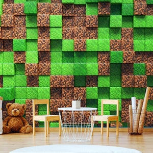 Colorful Art Deco Wallpaper for Game room, Boy Wall Mural Art, Peel & Stick Pixels Wall covering, Green - Brown Cubes 3d Textured Wallpaper