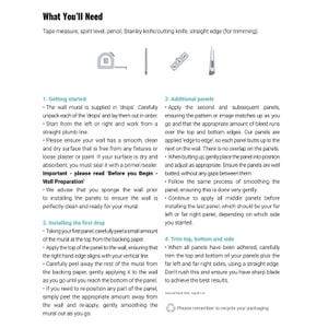 May include: An instructional guide for applying a wall mural, featuring text and illustrations. The image shows tools like a tape measure and Stanley knife. The text provides instructions on wall preparation and panel application, with a focus on trimming.