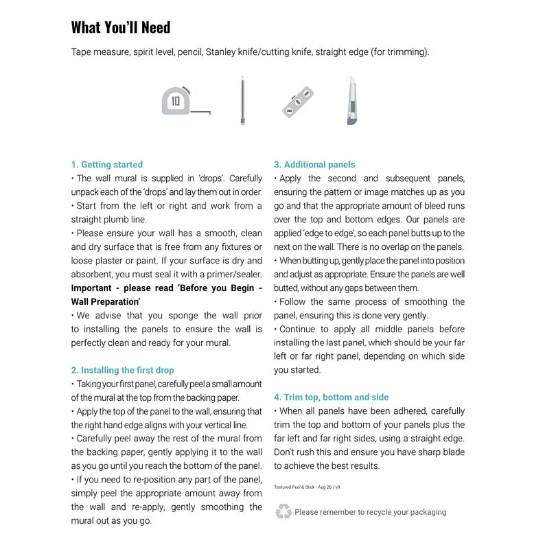 May include: An instructional guide for applying a wall mural, featuring text and illustrations. The image shows tools like a tape measure and Stanley knife. The text provides instructions on wall preparation and panel application, with a focus on trimming.