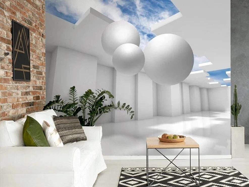 White Spheres 3D Wallpaper Mural – Modern Peel and Stick Abstract Wall Art with Skylight and Depth – Minimalist Wallpaper for Living Room