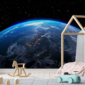 Peel and Stick Earth Wallpaper, Realistic Planet Mural Geography Wall Art Earth Surface Wallpaper Orbital View Wall Mural Bedroom Wall paper