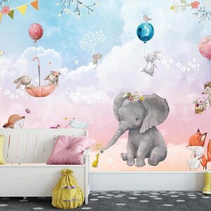 Cute Kids Wallpaper Self-Adhesive - Animals on Air Ballons Wallpaper Mural, Nursery room Wallpaper, Fun Babies Wallpaper for Walls Decor