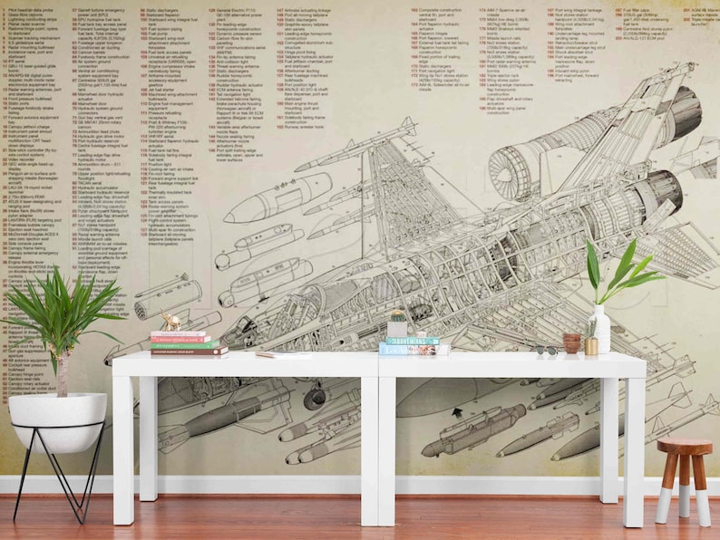 May include: A detailed cutaway illustration of a fighter jet with a beige background. The illustration shows the internal workings of the aircraft, including the engine, wings, and landing gear. The illustration is labeled with the names of the different parts of the aircraft.