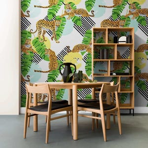 Tropical Leopard Wallpaper Mural – Colorful Jungle Wall Art with Cheetahs, Green Banana Leaves – Peel and Stick or Premium Wallpaper