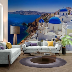 Santorini Greece Wallpaper Mural – Blue Dome Church and Aegean Sea View, Peel and Stick Travel Wall Art for Bedroom for Living Room Decor