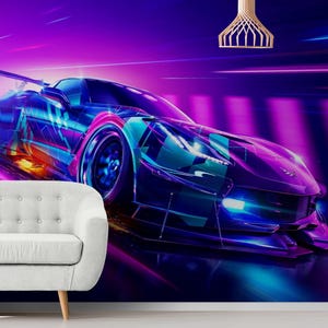 Neon Racing Car Wallpaper for Boys Game Room – Vinyl Peel and Stick or Textured, Colorful Automotive Car Wall Mural for Gaming Room Wall Art