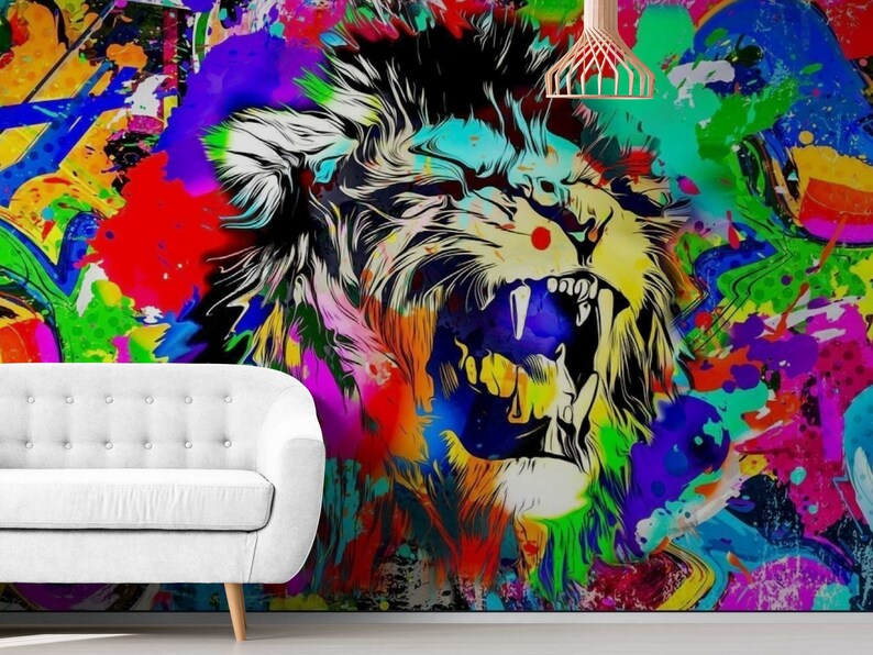 Colorful Lion Graffiti Wall Mural Graffiti Wallpaper Graffiti Etsy