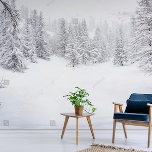 Winter Snowy Forest Nature Bedroom Wallpapers, Vinyl Peel and Stick or Premium Non-Woven Fabric Wall paper, Black & White accent wall decor