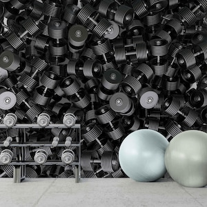 3D Dumbbell Gym Wallpaper Mural - Fitness Home Gym Decor, Workout Wall Art Self-Adhesive Vinyl or Textured Fabric, Motivational Sports Mural
