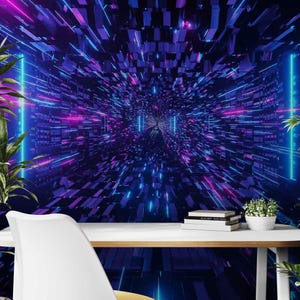 Futuristic Cyberpunk Tunnel Wallpaper Mural – Neon Light 3D Wall Covering | Peel and Stick Vinyl or Non-Woven Mural for Gaming Room Decor
