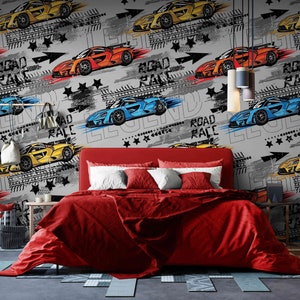 Colorful Cars Wall Mural Peel and Stick Wallpaper, Boys Bedroom Decor Ideas, Super Car Wall Art, Custom Wall Murals for Teenagers Game room