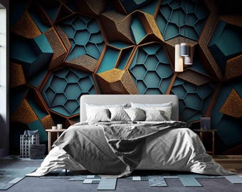 May include: A bedroom with a bed with white bedding and a headboard against a wall with a 3D geometric wallpaper featuring teal and gold colors.