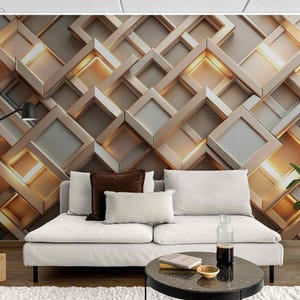 Geometric 3D Wallpaper for Accent Walls - Peel and Stick or Textured, Gold Abstract Pattern, Modern Wall paper Mural, 3D Wallpapers for Room