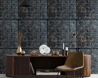 Vintage Tin Ceiling Wallpaper – Embossed Metal Tile Peel and Stick or Textured Distressed Ceiling Tile Design for Antique & Rustic Interiors